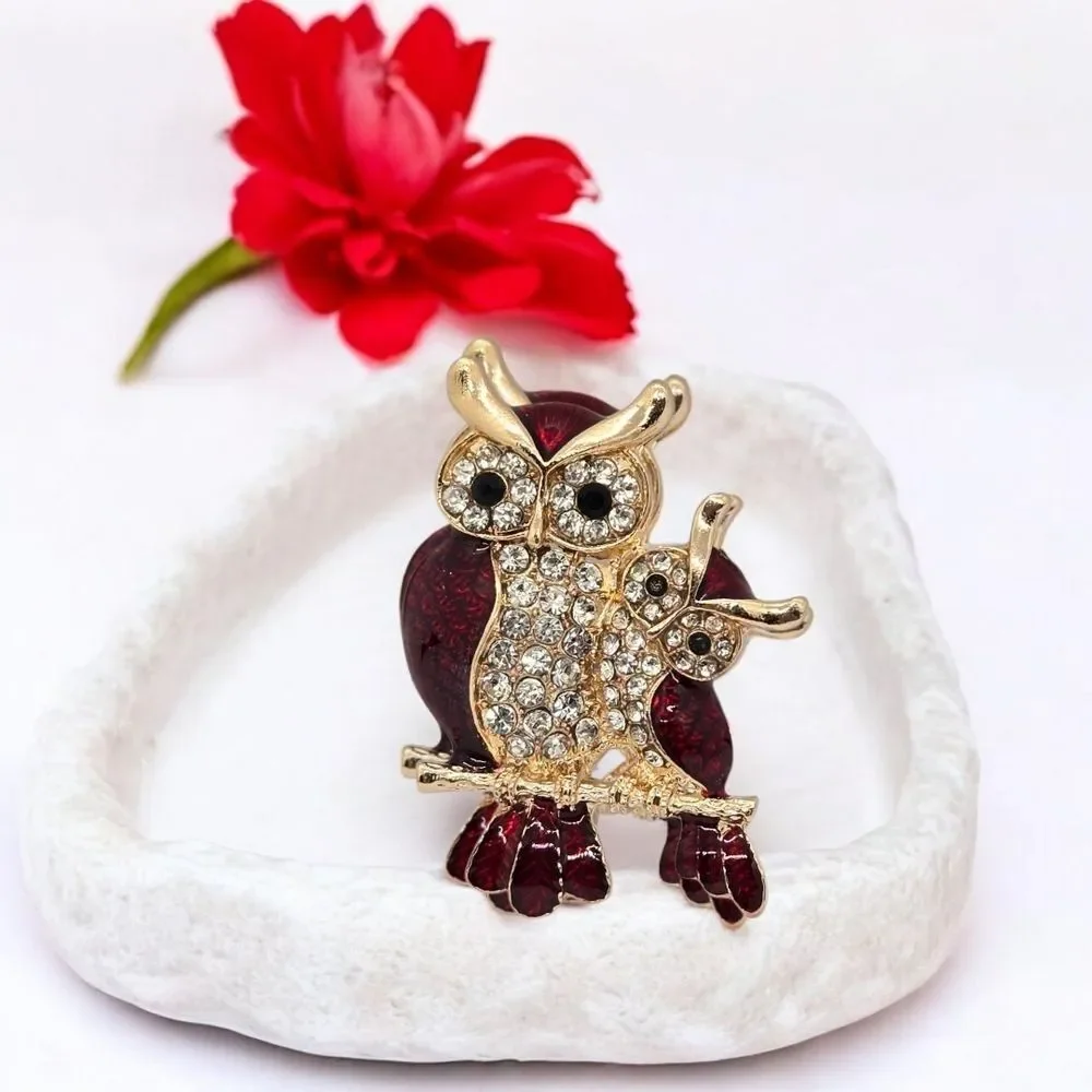 Owl Brooch Gold Rhinestone Mom Baby Pin Red Enamel Bird Lapel Teacher Gift